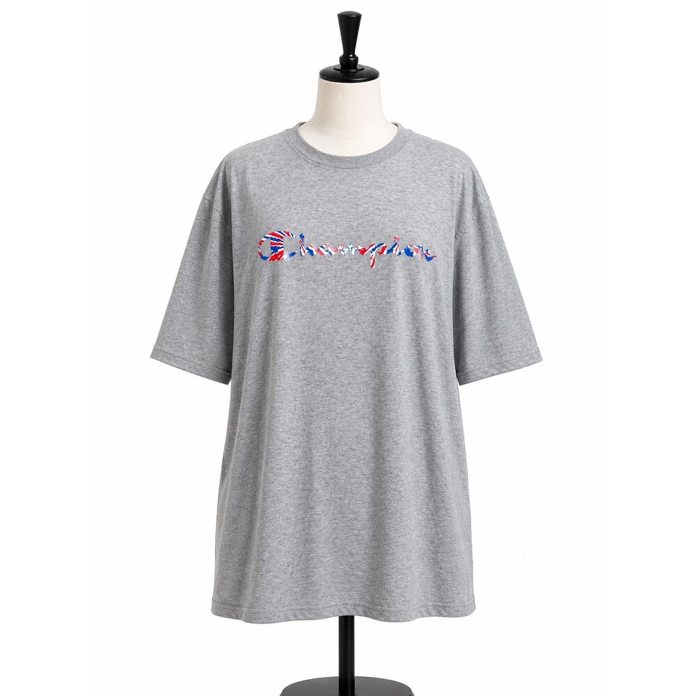 Champion Mens Short Sleeve Shirt Size XL Gray Cotton Crew Neck Logo Spell Out